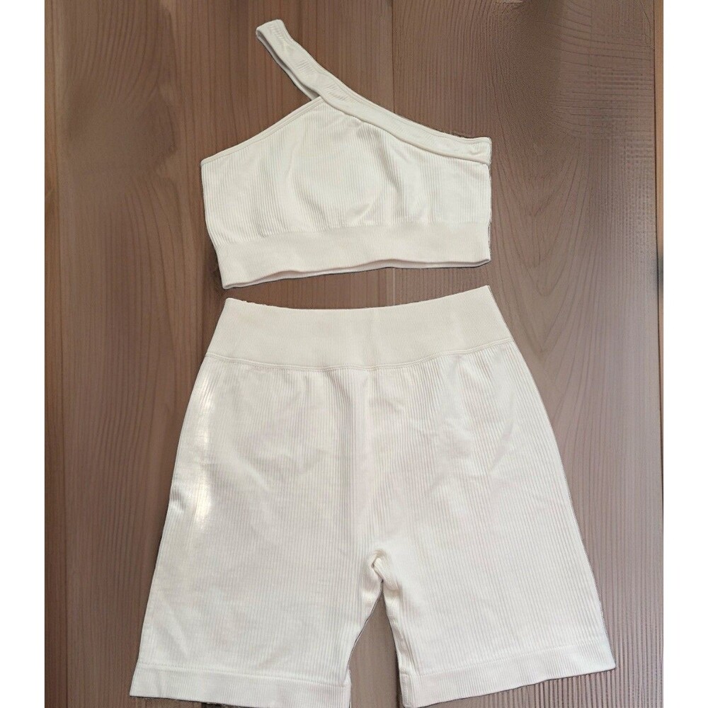 Ribbed Workout Set L Beige One Shoulder Crop Top Biker Shorts Pilates